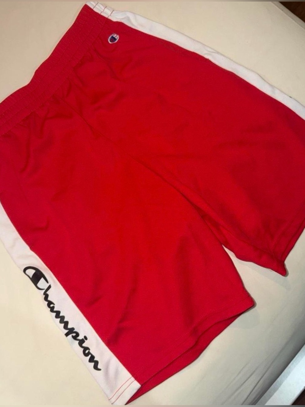 Champion Red Athletic Shorts with White Side Panels and Script Logo